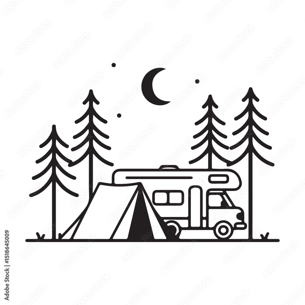 Camping in the Woods at Night with Campervan and Tent Camping in the Woods at Night with Campervan and Tent