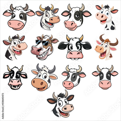 funny cow head vector illustration (set)