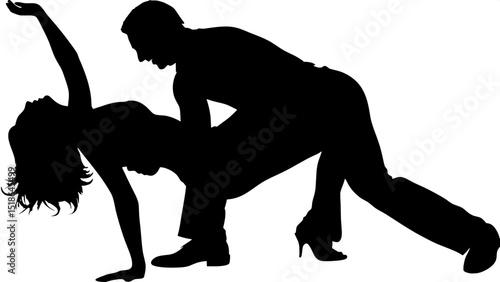 A silhouette of a couple in a passionate salsa pose, the woman dipping low with her hand behind her head. Her hair flows back in the motion. The man supports her, leaning forward. Their forms are eleg