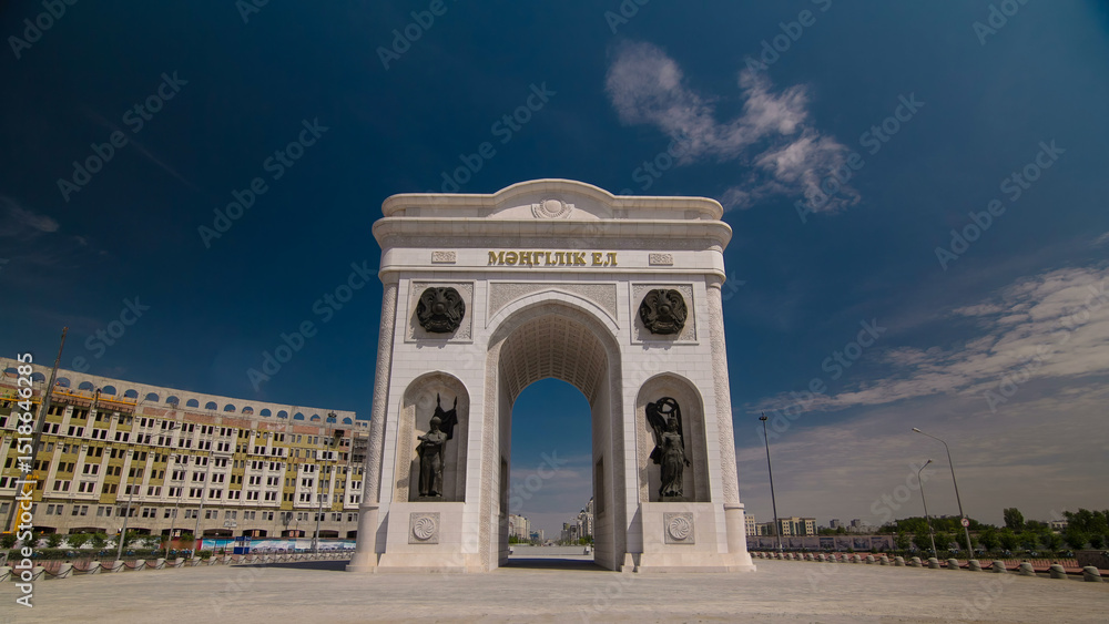 Fototapeta premium Triumphal arch timelapse and the central part of the city in Astana, Kazakhstan.
