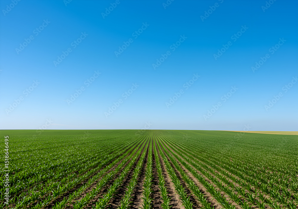 Aerial view of green corn field under blue sky agriculture landscape farm crops farming rural scene horizon Aerial view of green corn field under blue sky agriculture landscape farm crops farming rural scene horizon