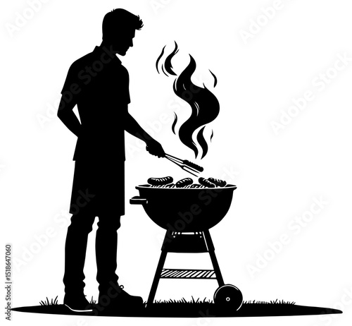 Silhouette of a man barbecuing hot dogs on a grill, isolated 