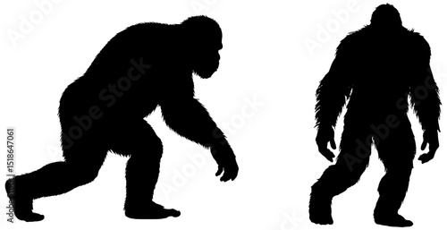 Silhouette set of Bigfoot, in black, isolated 