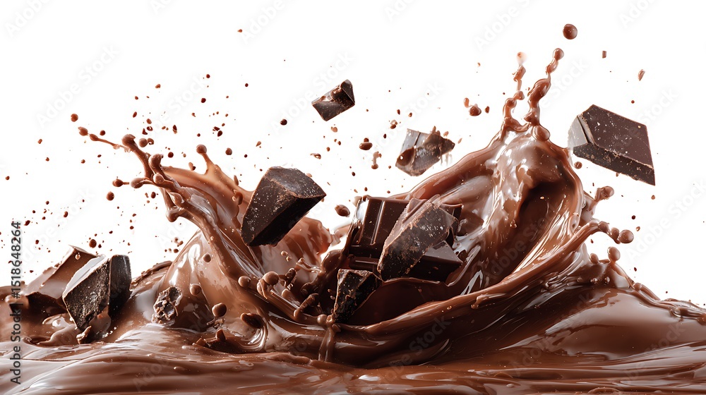 Fototapeta premium Vibrant photo of melting chocolate splash burst explosion on white background. Liquid cocoa dark chocolate pieces candy flying in air. Sweet dessert food concept ingredient for.