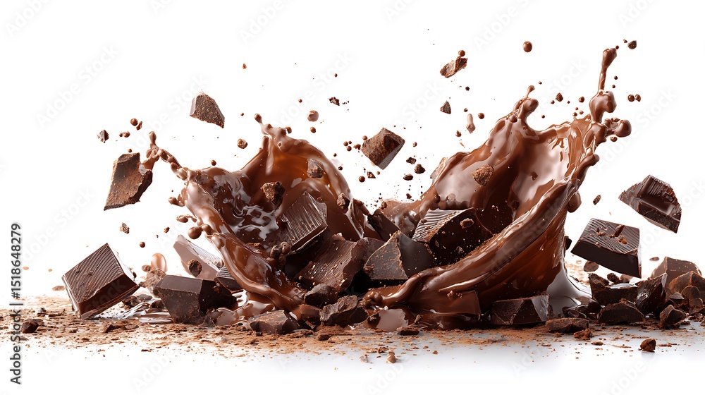Fototapeta premium Vibrant photo of melting chocolate splash burst explosion on white background. Liquid cocoa dark chocolate pieces candy flying in air. Sweet dessert food concept ingredient for.