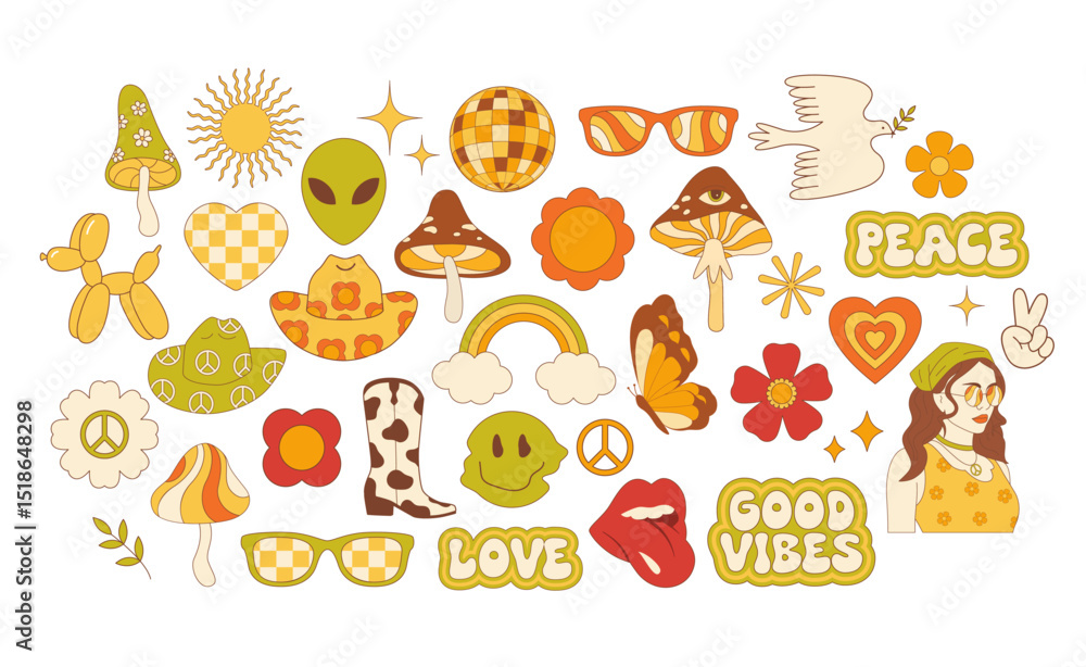 Groovy hippie set. Flat style Groovy hippie set. Flat style