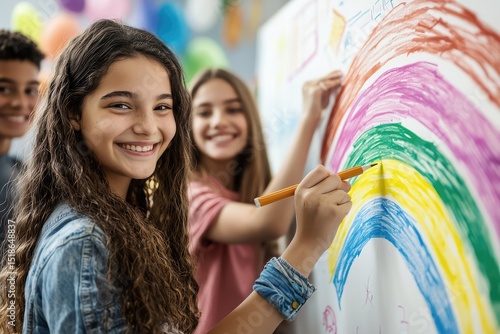 Happy kids collaboratively painting a vibrant rainbow on a large canvas, teamwork and creativity in action, colorful artwork project for children