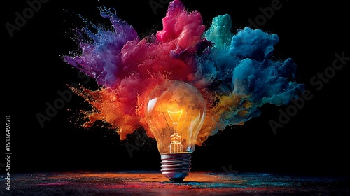 Vibrant photo of vibrant explosion of colorful paint radiating from a glowing lightbulb inspiration artistic.