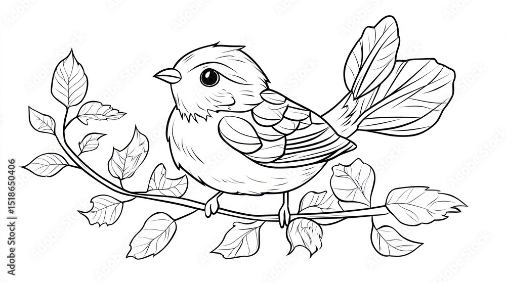 Fototapeta premium Cute bird on branch, coloring page