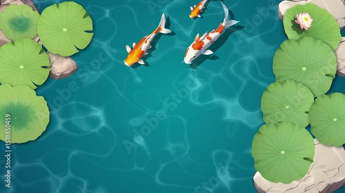 Serene top-down view of vibrant orange and white koi fish gracefully swimming in a clear blue pond, surrounded by large green lily pads and natural rocks, capturing a peaceful aquatic scene.