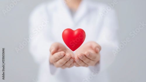 Hands of a healthcare professional in a white coat gently holding a red heart symbol, representing care, compassion, and the importance of health and well-being in a clinical environment