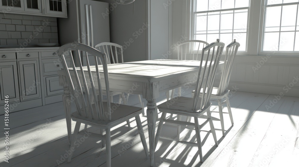 Fototapeta premium A sunlit, neutral-toned kitchen interior scene with a wooden table and chairs.