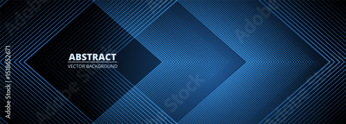 Dark blue abstract wide banner with glowing rhombus geometric stripes. Futuristic technology concept background design. Vector illustration