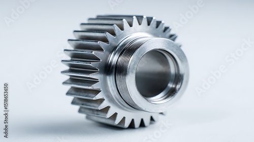 Vibrant photo of vibrant photo of close up shot of a silver metal gear with a bearing on a white surface in a studio setting.