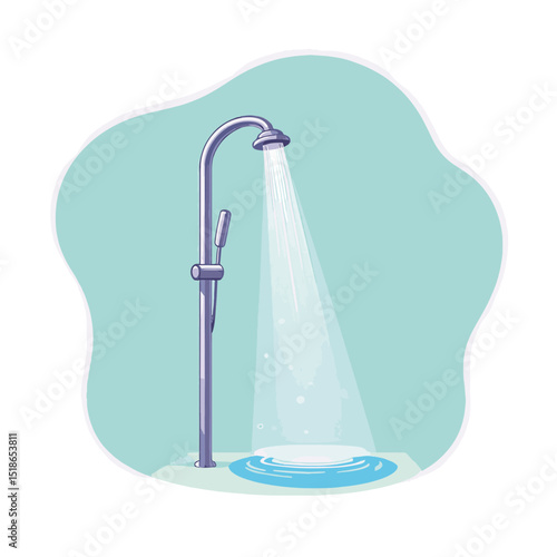 Showerhead dispensing water in a clean, modern bathroom setting with a light aqua background, minimalist concept of home improvement or renovation