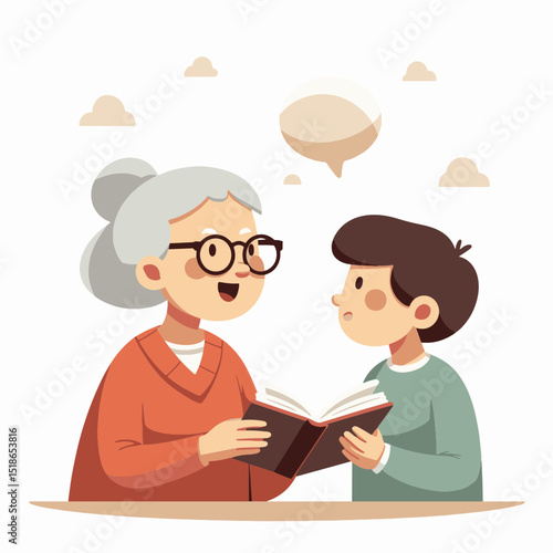 Happy grandmother reading a book to a curious child with an inviting background and speech bubbles, family bonding concept of education or storytelling