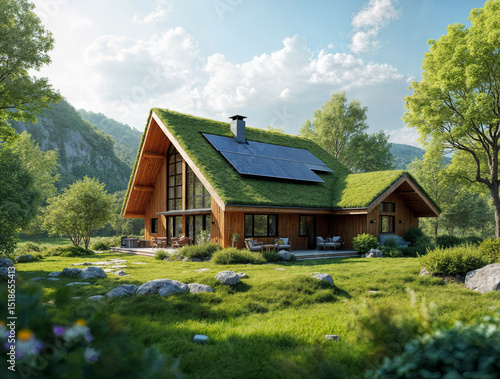 Wallpaper Mural Country wooden house in mountain with solar panels Torontodigital.ca