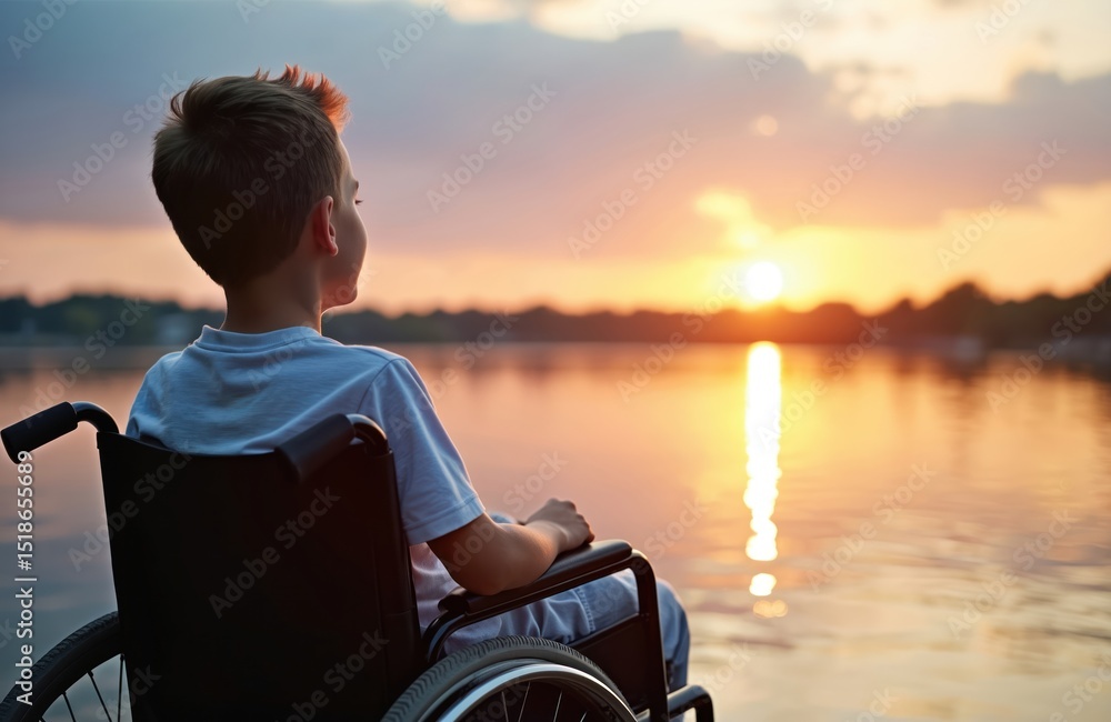Fototapeta premium Young boy sits in wheelchair enjoying sunset near water. Reflections on lake, river surface. Handicapped, disabled child at sunset. Summer vacation theme. Teenage boy. Peaceful moment near shore.