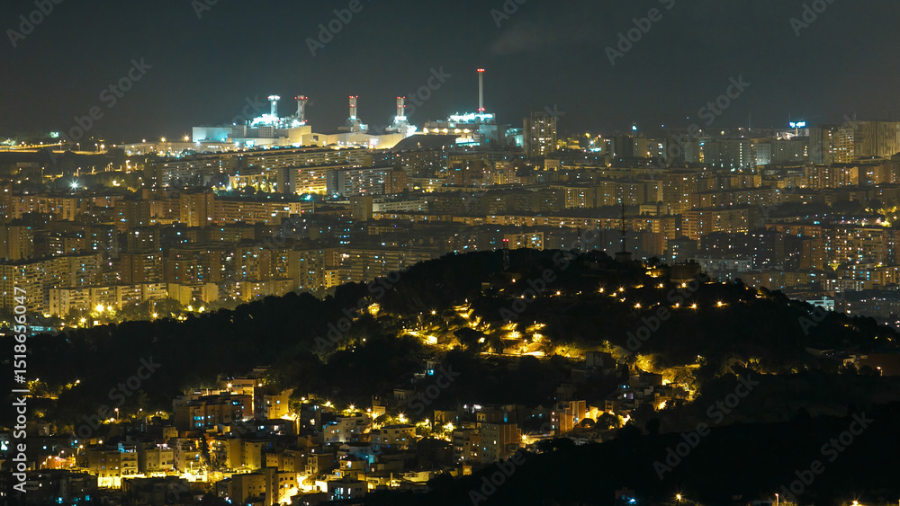 Obraz premium Panorama of Barcelona night timelapse from Mount Tibidabo. Catalonia, Spain.