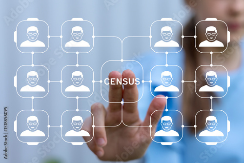 Photos Government official using virtual touch screen push text: CENSUS