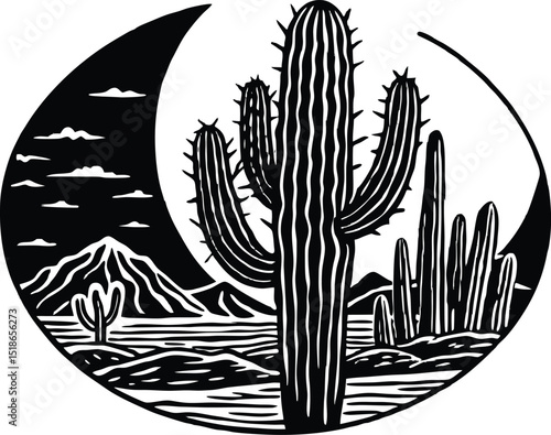 Cactus In Desert Silhouette | Desert Cactus Plant Illustration