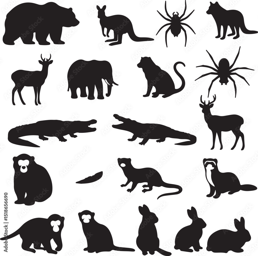 Obraz premium Animal silhouettes vector collection featuring bear deer elephant kangaroo and more wildlife icons