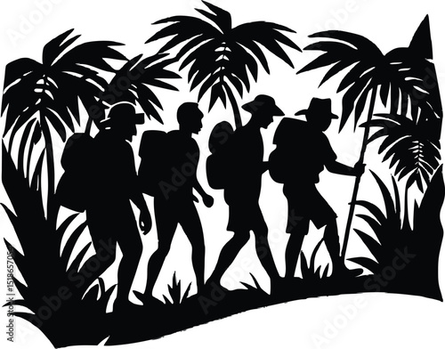 Group Hiking Through Jungle Silhouette | Jungle Adventure Hiking Group