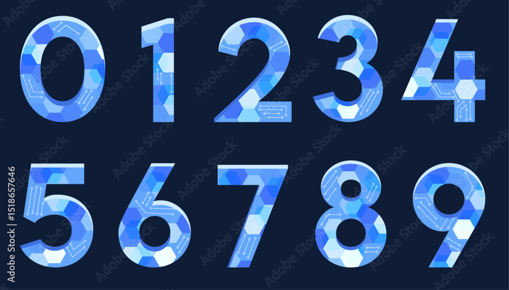 Digital, futuristic blue numbers. Vector abstract geometric graphic design elements. Tech typography. Numbers set with hi-tech background