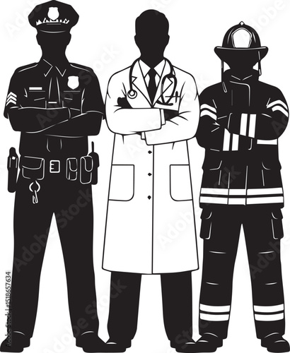 Essential workers vector art: police officer, doctor, firefighter clip art illustration image design silhouette