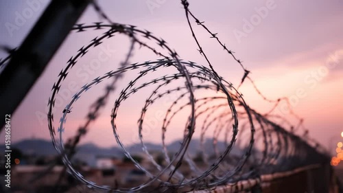 Razor wire fence with sharp blades, barbed wire along border under twilight sky, security concept. This is a footage.