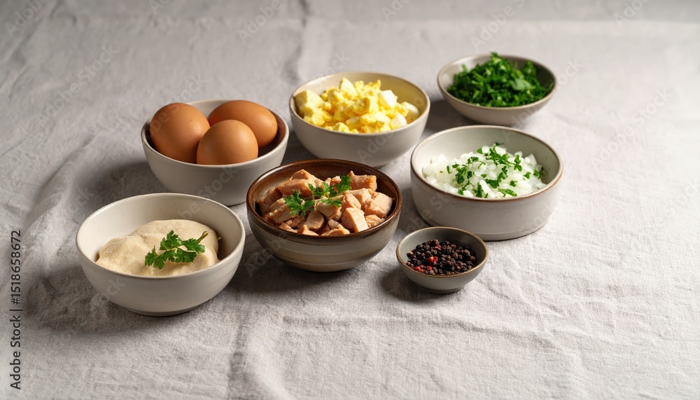 Ingredients for a Delicious Dish: Eggs, Chicken, and Fresh Herbs Ingredients for a Delicious Dish: Eggs, Chicken, and Fresh Herbs