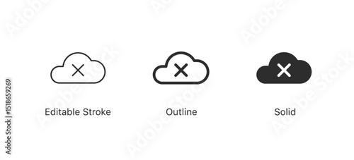 Cloud error icon in editable stroke, outline, and solid styles, indicating a problem, failure, or disconnection with cloud services
