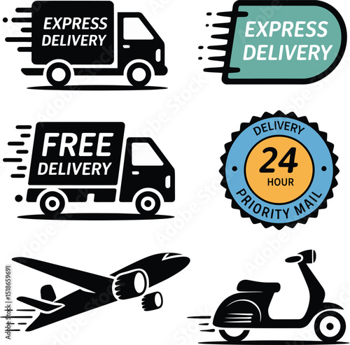 Express Delivery and Shipping Icons: Truck, Airplane, Scooter, and 24 Hour Badge.