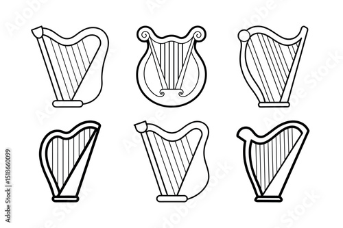 Harp Outline Line Art Vector Set