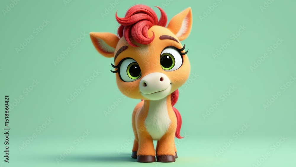 Fototapeta premium Cute cartoon horse character with big eyes on green background, children’s illustration for year of the horse 2026, animal in playful style