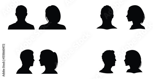 vector set, Vector illustration of silhouette man and woman portrait in profile. Male and female head on a white background side view.