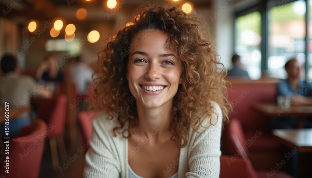 Obraz premium Woman enjoys moment in cafe smiling at camera. Restaurant interior with cozy atmosphere and soft bokeh lights in background. Portrait of happy person sitting at table.