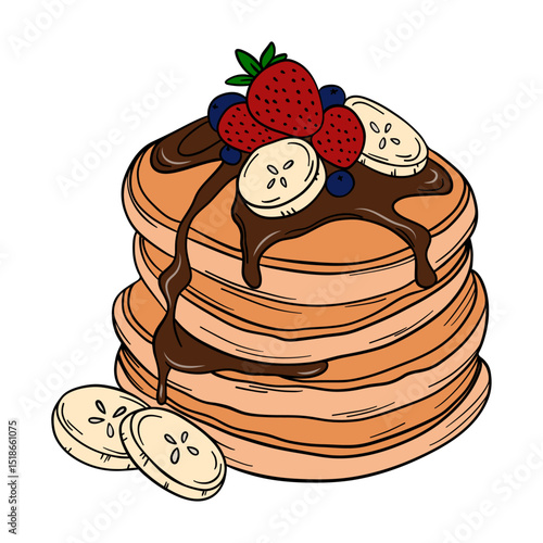 Appetizing and delicious sweet baked pancakes with chocolate syrup bananas and berries fruit. Bakery breakfast sweet treats dessert. Outline food art