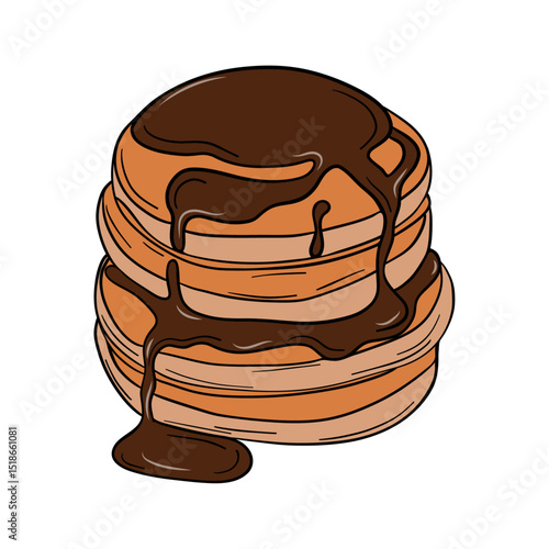 Appetizing and delicious sweet baked pancakes with chocolate syrup. Bakery breakfast sweet treats dessert. Outline food art