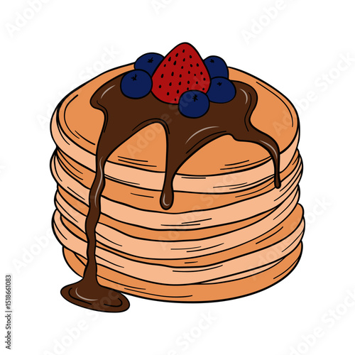 Appetizing and delicious sweet baked pancakes with chocolate syrup and berries fruit. Bakery breakfast sweet treats dessert. Outline food art