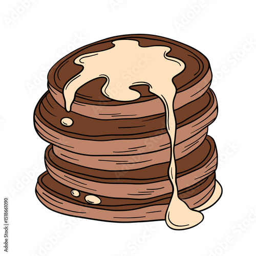 Appetizing and delicious sweet baked cacao chocolate pancakes with condensed milk syrup. Bakery breakfast sweet treats dessert. Outline food art