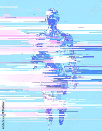 Futuristic Digital Art of Transparent Crystalline Human Figure with Pixel Glitch and VHS Distortion in Pastel Tones