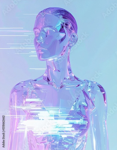 Futuristic Digital Art of Transparent Crystalline Human Figure with Pixel Glitch and VHS Distortion in Pastel Tones
