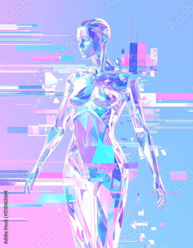 Futuristic Digital Art of Transparent Crystalline Human Figure with Pixel Glitch and VHS Distortion in Pastel Tones