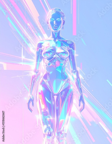 Futuristic Digital Art of Transparent Crystalline Human Figure with Pixel Glitch and VHS Distortion in Pastel Tones