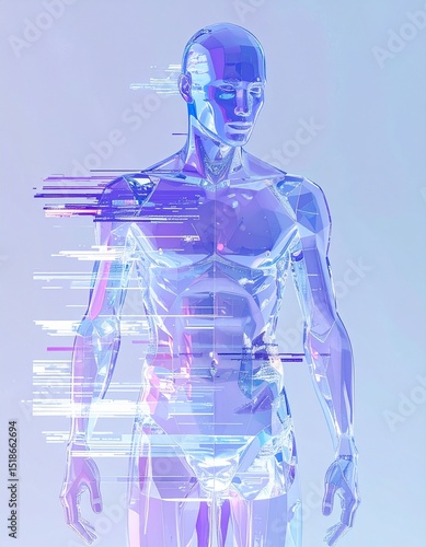 Futuristic Digital Art of Transparent Crystalline Human Figure with Pixel Glitch and VHS Distortion in Pastel Tones
