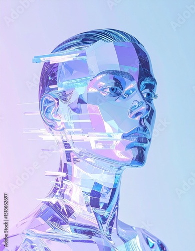 Futuristic Digital Art of Transparent Crystalline Human Figure with Pixel Glitch and VHS Distortion in Pastel Tones