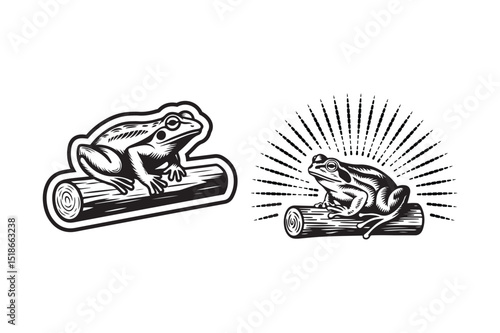 Vintage Frog on Log Retro Amphibian Clipart Illustration for Nature, Wildlife, and Rustic Designs