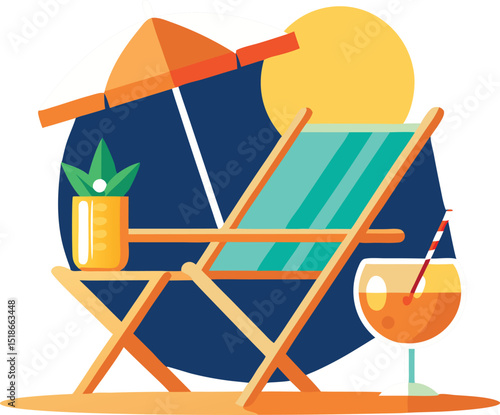 Beach scene illustration featuring a sun lounger umbrella pineapple cocktail on transparent background