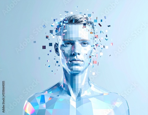 Futuristic Digital Art of Transparent Crystalline Human Figure with Pixel Glitch and VHS Distortion in Pastel Tones